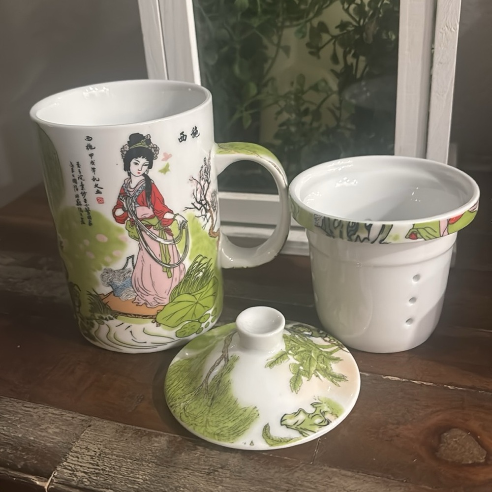 Oriental 3 Piece Teacup Infuser with Lid Coffee Cup White Jade Porcelain 12oz